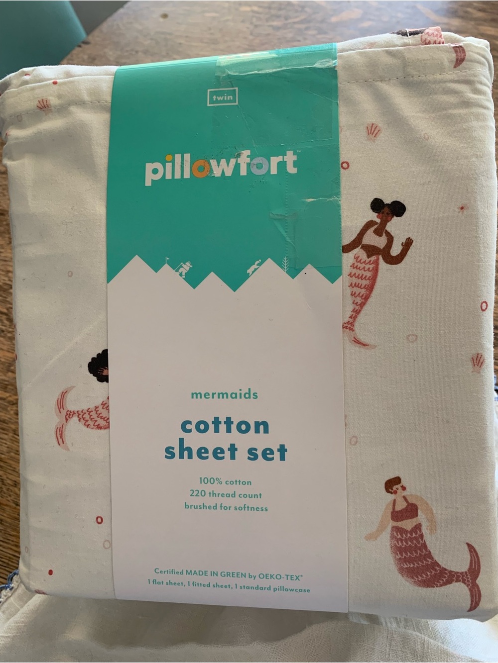 Pillowfort Mermaids Cotton Sheet Set - White with Pink and Brown Accents
